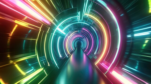 Abstract neon light tunnel creating futuristic speed effect