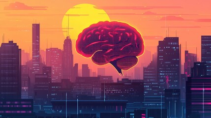 Digital brain floating over cyberpunk city at sunset