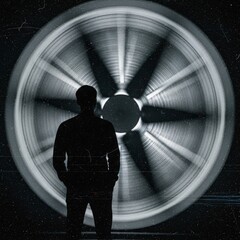 Silhouette of a person standing before a rotating light wheel in a dark setting, creating a sense