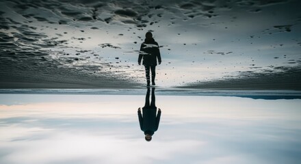 A solitary figure walks on an inverted landscape reflecting on life's journey a surreal and