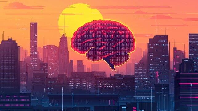 Digital brain floating over cyberpunk city at sunset