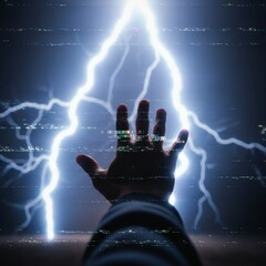 A hand reaching for a powerful lightning bolt with dynamic digital glitch effects and energy sparks