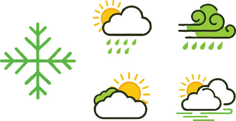 described features a collection of five clip-art style weather icons, each representing different weather conditions and elements.