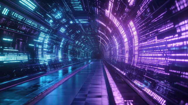 Navigating a futuristic digital tunnel with vibrant neon lights