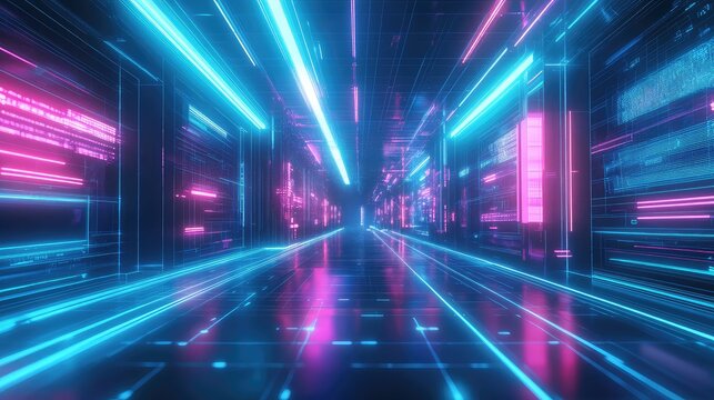 Digital data stream tunnel with glowing neon lines