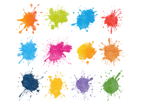 A set of colorful splatters of paint on a white background