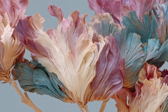 Primer plano de flores de hibisco con tonos pastel sobre un fondo gris&aacute;ceo.