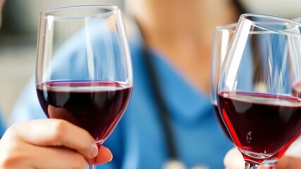 Medical staff toast with red wine glasses, expressing joy and camaraderie after achieving personal or professional milestones in a celebratory atmosphere.