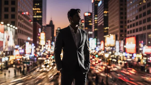 Confident young businessman stands triumphantly on city ledge, dressed in stylish suit, exuding global business acumen and sense of accomplishment, perfect for visualizing innovation.