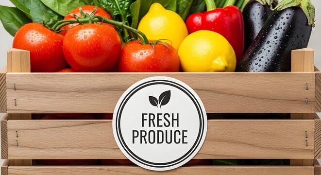 Wooden crate filled with fresh produce, fruits, and vegetables featuring a "Fresh Produce" label.