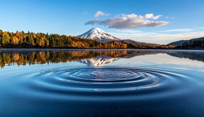 Stunning autumn mountain reflection on tranquil lake with ripples creating mesmerizing patterns under a clear blue sky