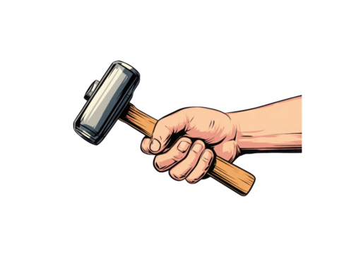 A hand holding a hammer with a black handle
