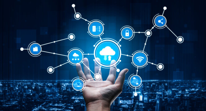 A hand reaches out to interact with various cloud technology symbols, illustrating the concept of digital connection and data exchange in a modern urban setting. Tessel