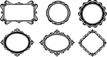 Obraz premium Ornate vintage frame collection with intricate floral and scrollwork designs in black vector illustration set 
