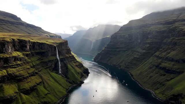 Cinematic footage of faroe islands dramatic landscape with waterfalls and lush greenery in north atlantic ocean