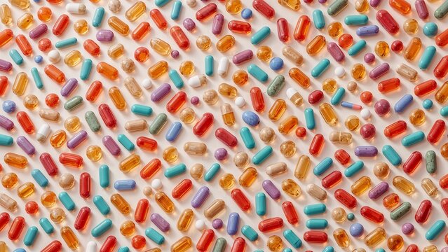 Bright colored pills and capsules scattered on light background, creating vibrant pharmacy and medical concept. Colorful pharmaceutical pills backdrop for healthcare