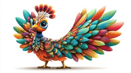 Obraz premium Vibrant and Colorful Peacock Illustration with Intricate Feather Patterns and Expressive Eyes on a White Background