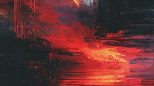 Distorted glitch art landscape red and black abstract digital drawing