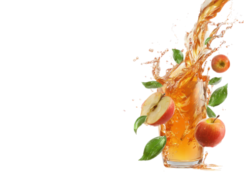 A glass of apple juice with a splash of liquid and a few apples floating in it
