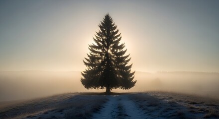 Solitary evergreen tree silhouetted against a soft, misty sunrise.