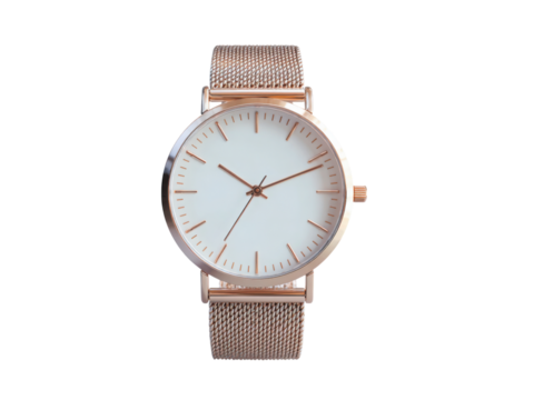 A gold and white watch with a black face