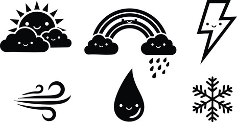 Fototapeta premium Weather icons set with sun, rainbow, lightning, wind, water drop, and snowflake vector illustration for versatile design use 