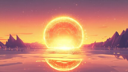 Glowing sci fi portal reflecting on alien liquid landscape