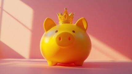 Yellow Piggy Bank with a Crown on a Pink Background Symbolizing Wealth, Savings, and Prosperity for Financial Goals