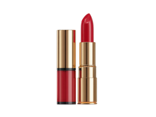 A red lipstick is shown on a white background