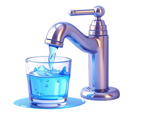 3D render a silver faucet pouring water into a clear glass