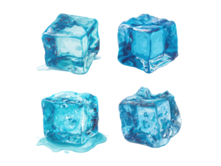 Four blue ice cubes with water dripping from them