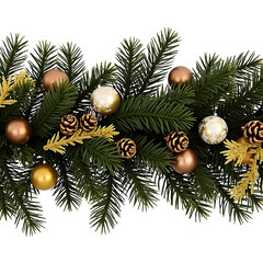 Christmas holiday decoration frame with green fir pine tree branch, cones, gold and red balls