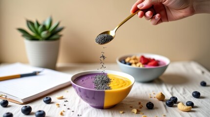 Healthy breakfast smoothie bowl with fresh berries and fruit toppings
