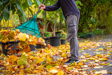 Laub mit Schwung zu Hause zusammen kehren