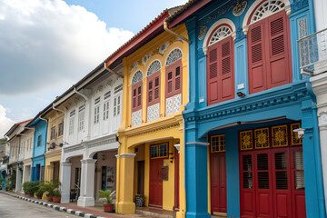 Wooden shutters on windows, colorful buildings in old Phuket town, Sino-Portuguese style