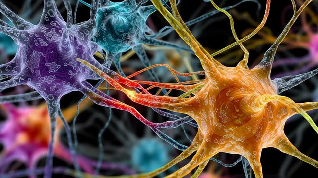 Psychedelic Therapy concept ,Colorful neuron cell network with vibrant orange and purple synapse connections, complex brain structure, energetic
