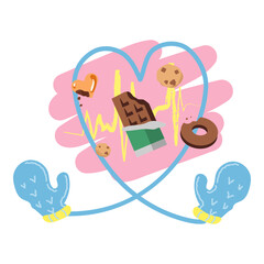Winter Heart Illustration with Sweets and Mittens