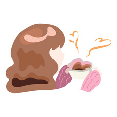 Illustration of Girl Enjoying Heart Shaped Coffee Cup
