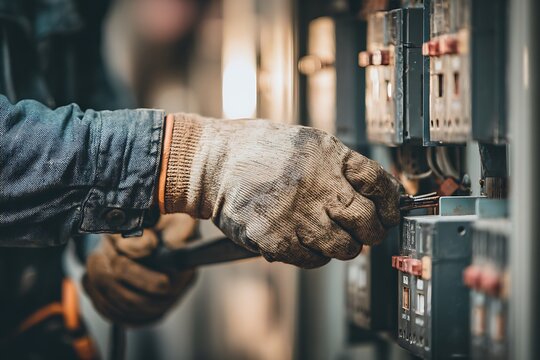 Electrician working installing wiring in industrial fuse box