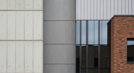 Architectural juxtaposition: Concrete, metal, glass, and brick textures create a modern building