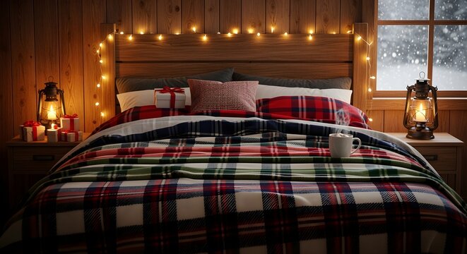 Cozy Christmas bedroom with plaid bedding and warm fairy lights, inviting a restful holiday escape.