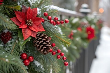 A festive winter garland decorates a snowy outdoor railing, showcasing a red poinsettia, pine cones, and bright red berries on green fir branches.