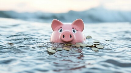 Cute pink piggy bank floating in water surrounded by shiny coins, symbolizing financial savings and investment opportunities