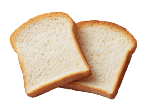 Two slices of white bread are on a white background