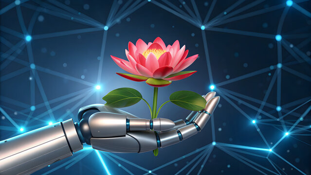 Robotic hand presenting glowing flower with futuristic digital network background