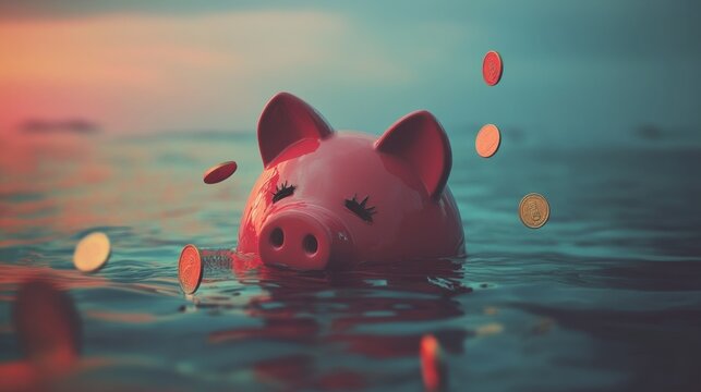 Pink Piggy Bank Floating in Water with Coins Falling Around It at Sunset in a Dreamy Atmosphere - Powered by Adobe