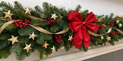 This festive evergreen garland features bright red berries, sparkling golden stars, and elegant ribbons, centered around a large vibrant red bow, perfect for holidays.