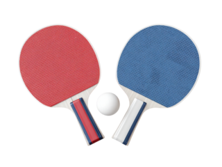 Two ping pong paddles with a white ball in the middle