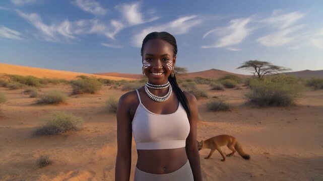 young woman walking across Namibian dunes