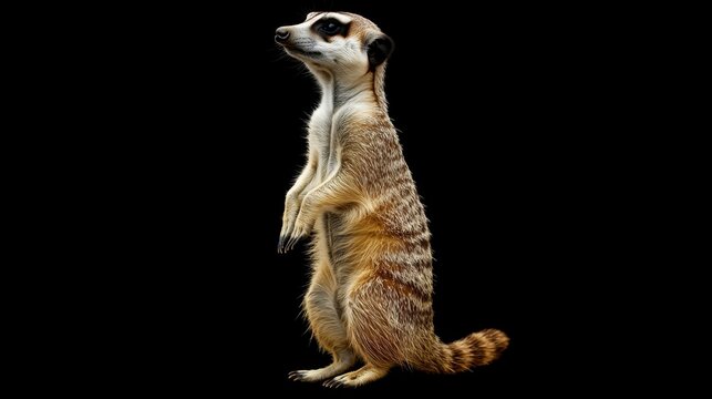 Curious meerkat standing upright on a dark background, showcasing its unique posture and captivating expression